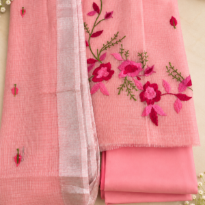 Blush Pink Kota Doria Embroidered Dress Material