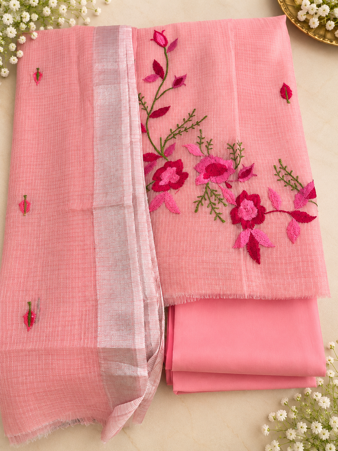 Blush Pink Kota Doria Embroidered Dress Material
