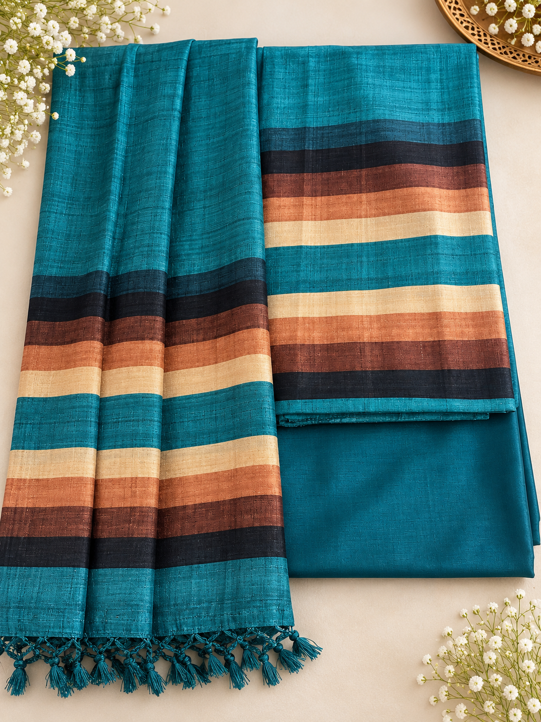 Teal Blue Semi-Silk Dress Material