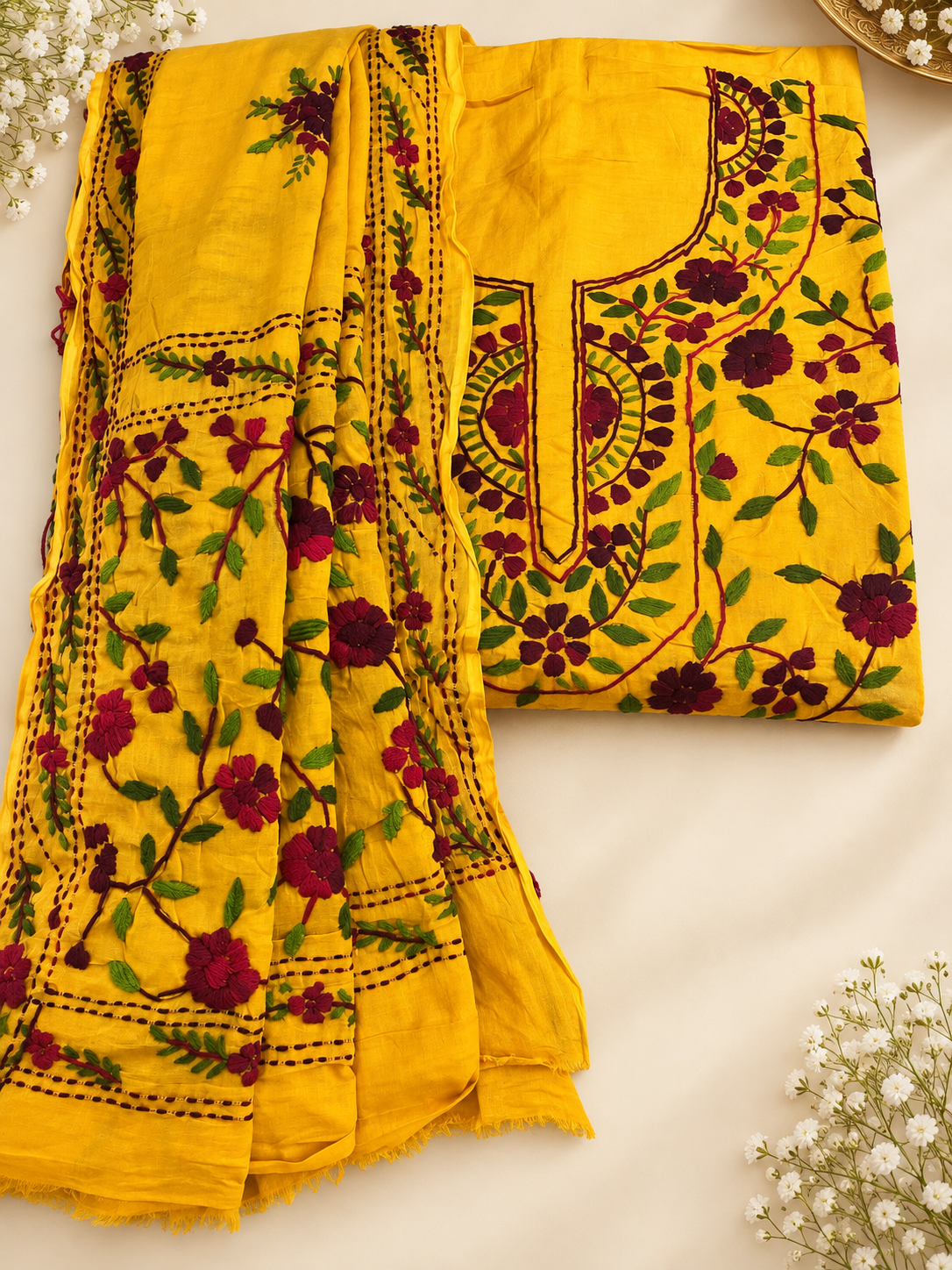 Mustard Yellow Phulkari Dress Material