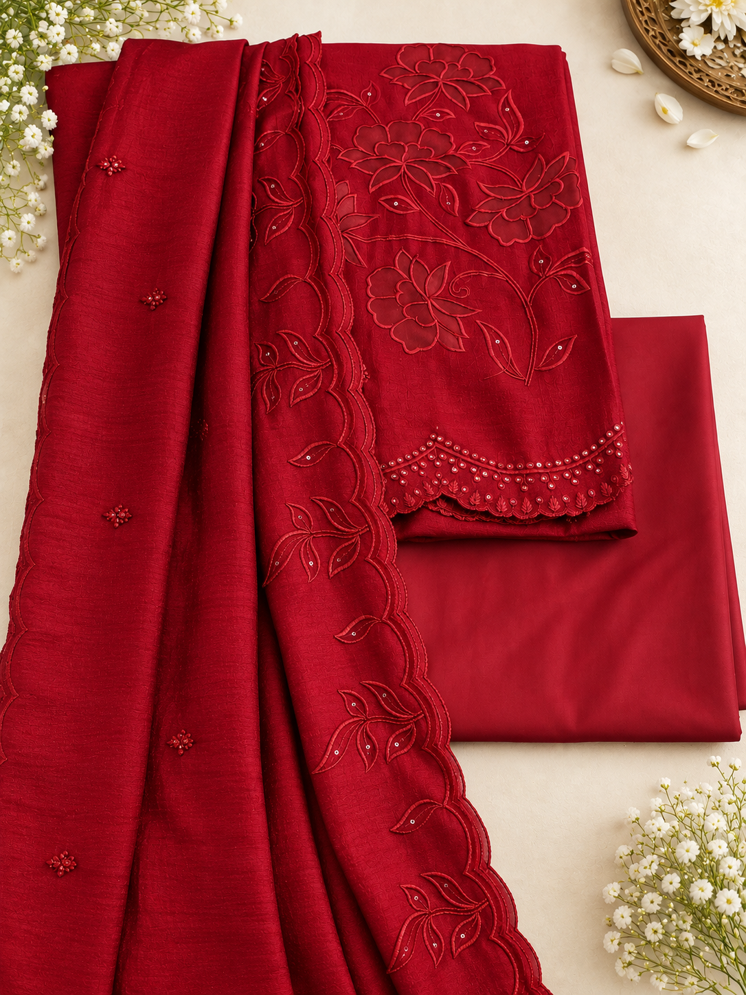 Maroon Crush Applique Dress Material