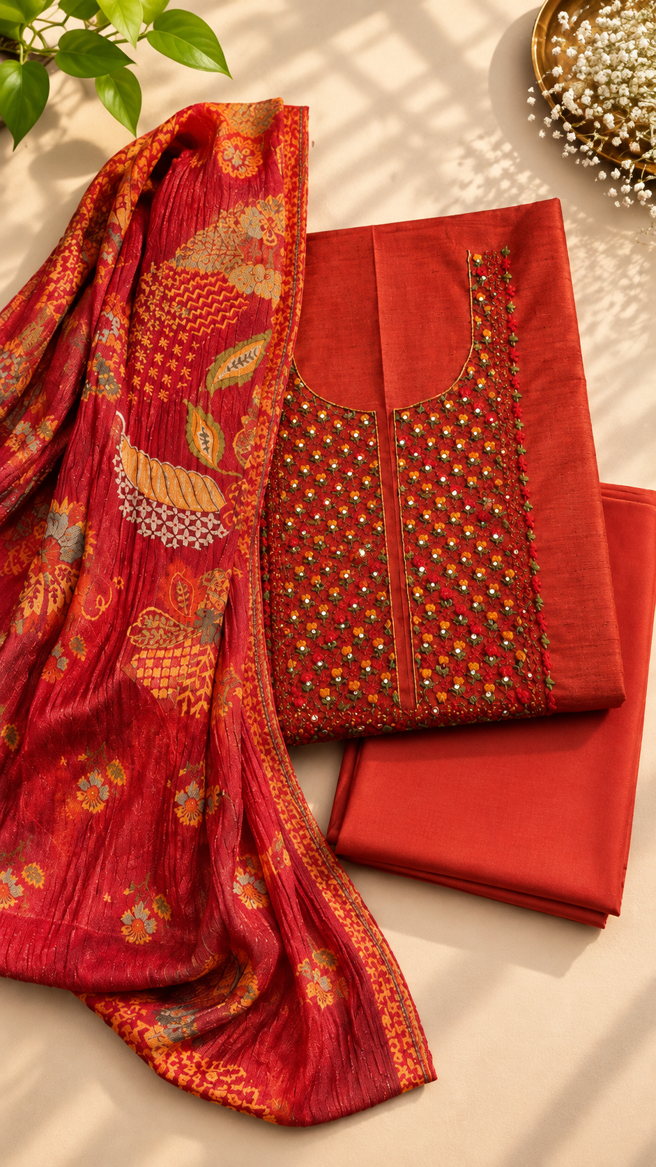 Rust Red Pure Raw Silk Dress Material