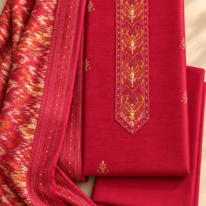 Coral Red Jute Silk Dress Material with Beadwork