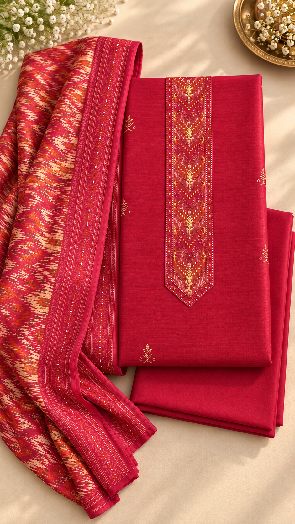 Coral Red Jute Silk Dress Material with Beadwork