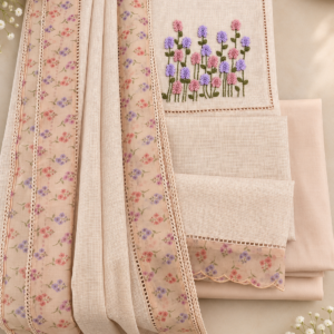 Ivory Pink Kota Doria Dress Material with Floral Embroidery