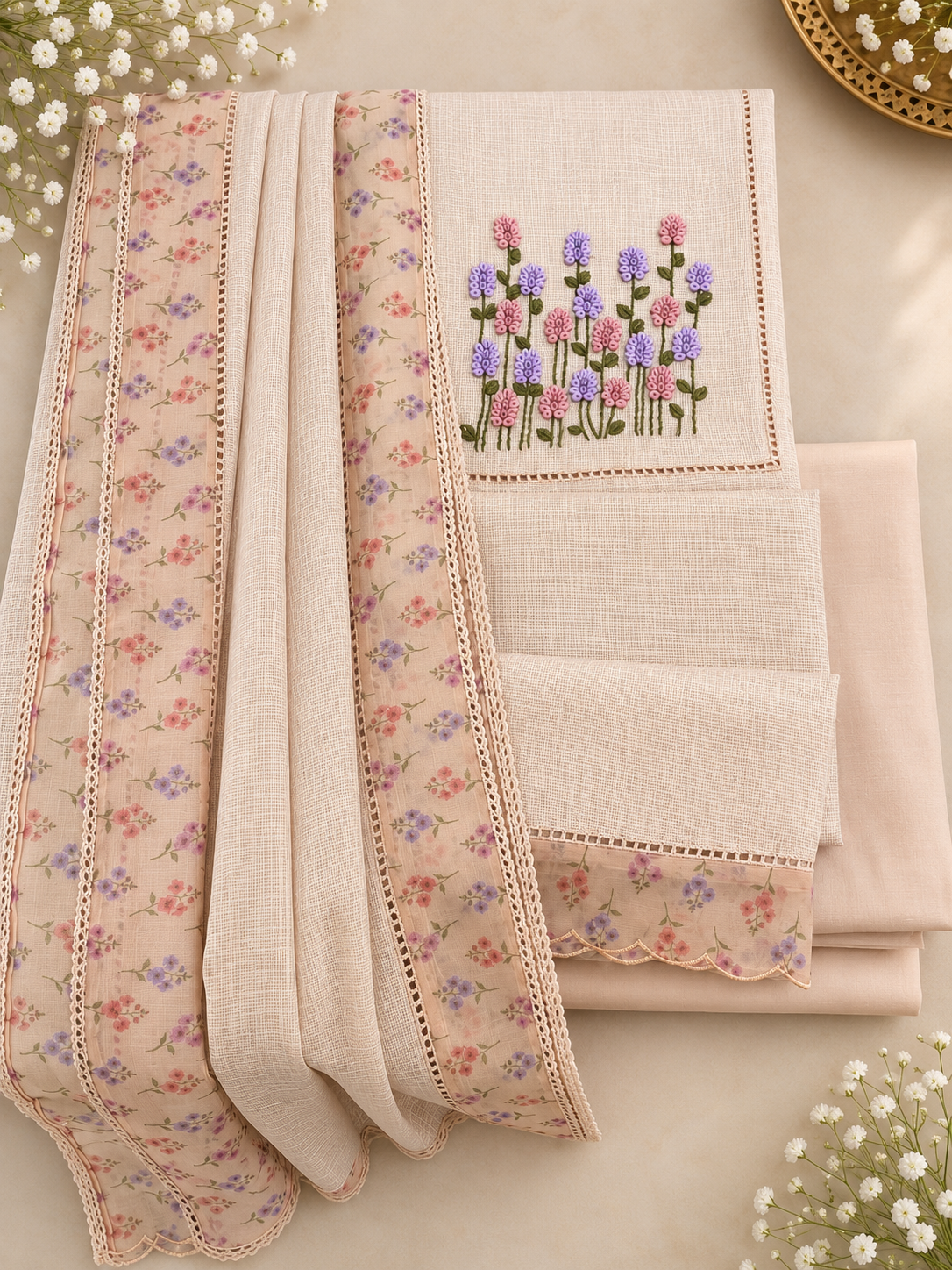 Ivory Pink Kota Doria Dress Material with Floral Embroidery