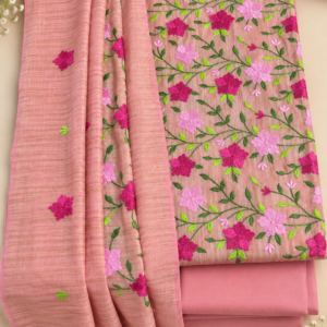 Dusty Pink Khadi Dress Material with Floral Embroidery