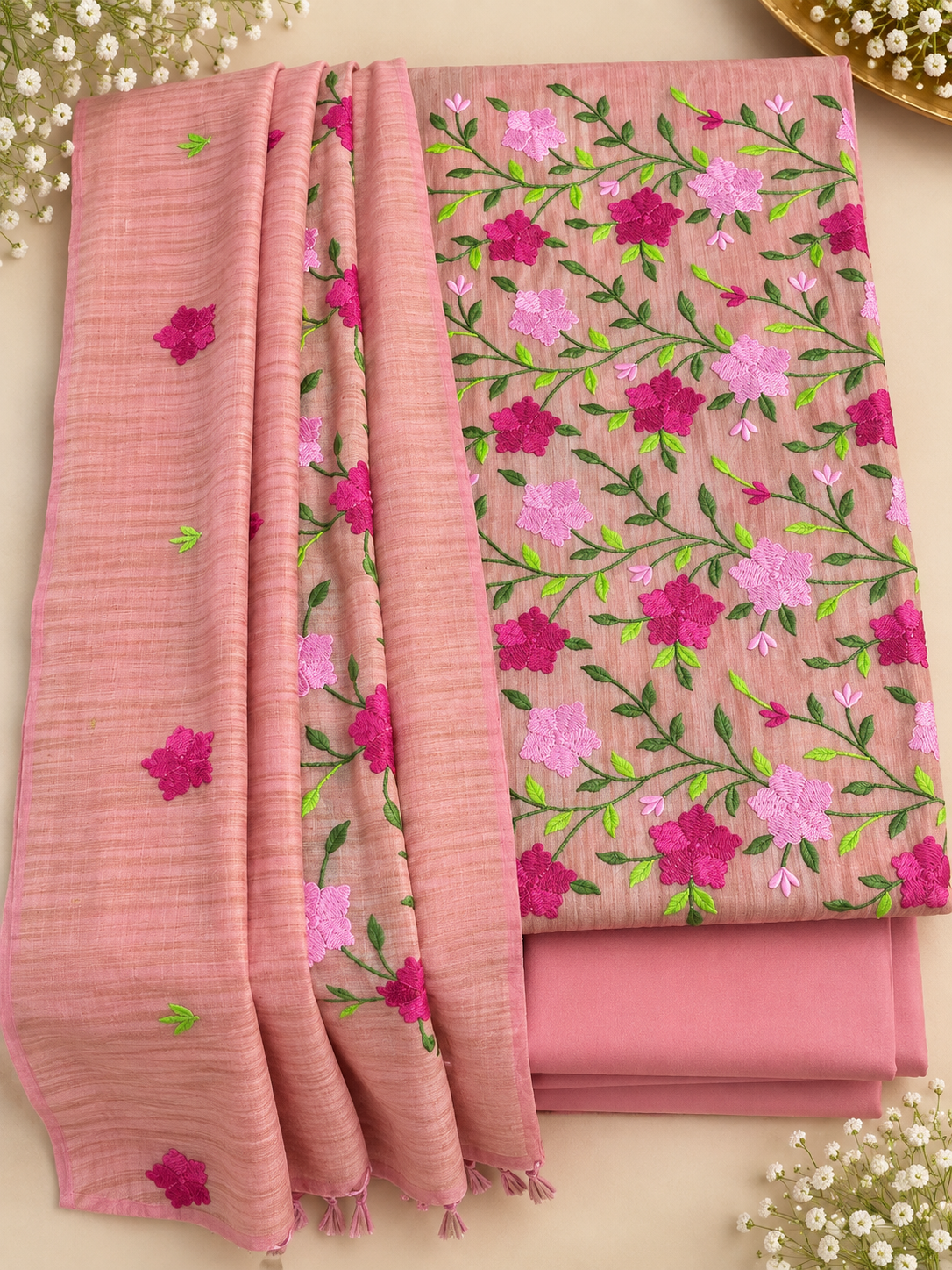 Dusty Pink Khadi Dress Material with Floral Embroidery