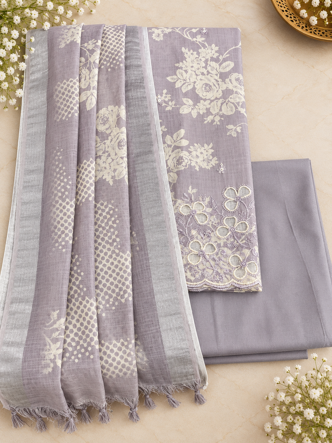 Lavender Grey Semi-Linen Dress Material